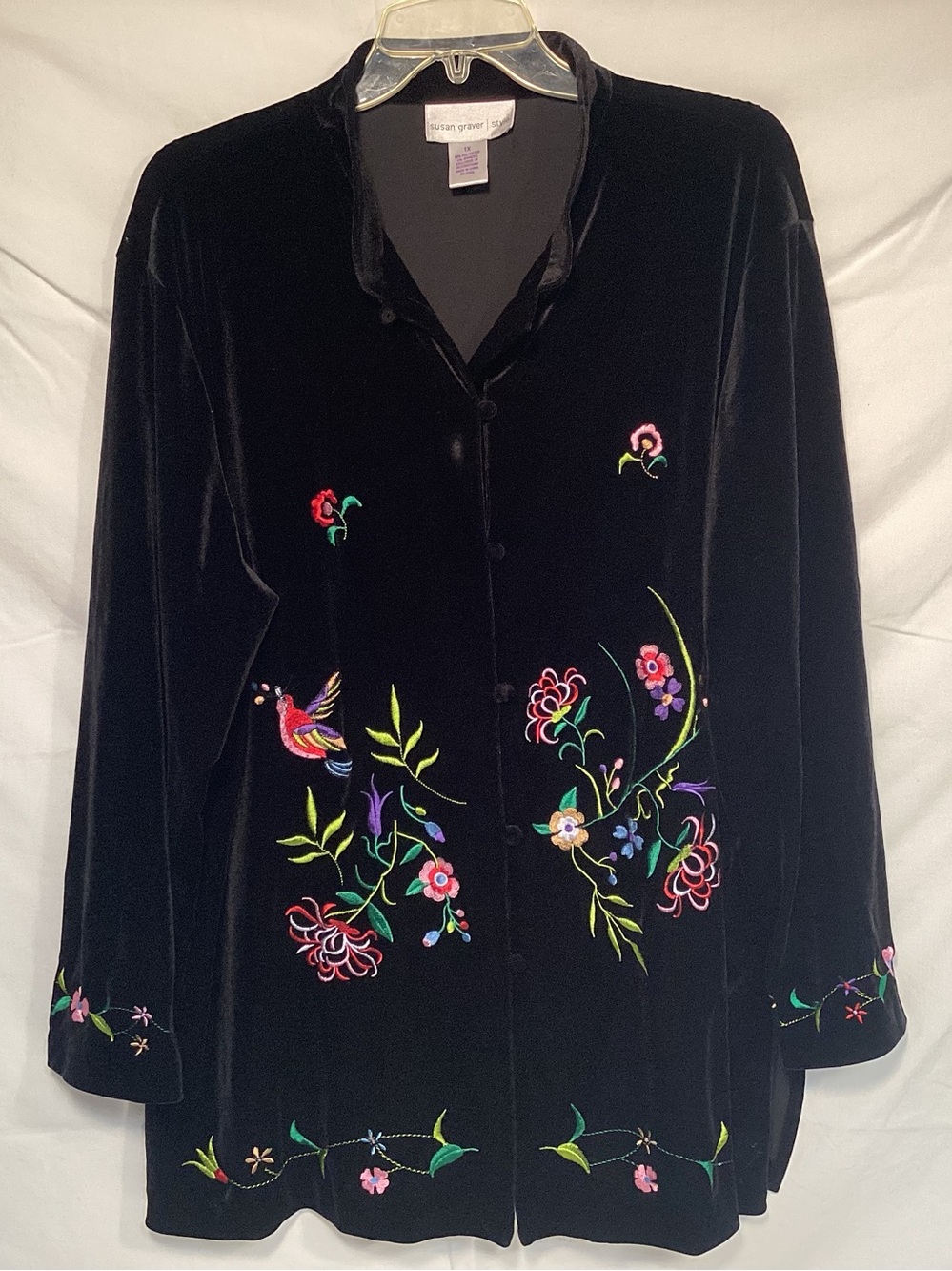 Black Velour Embroidered Susan Graver Floral Button Up Jacket Women’s Size 1X